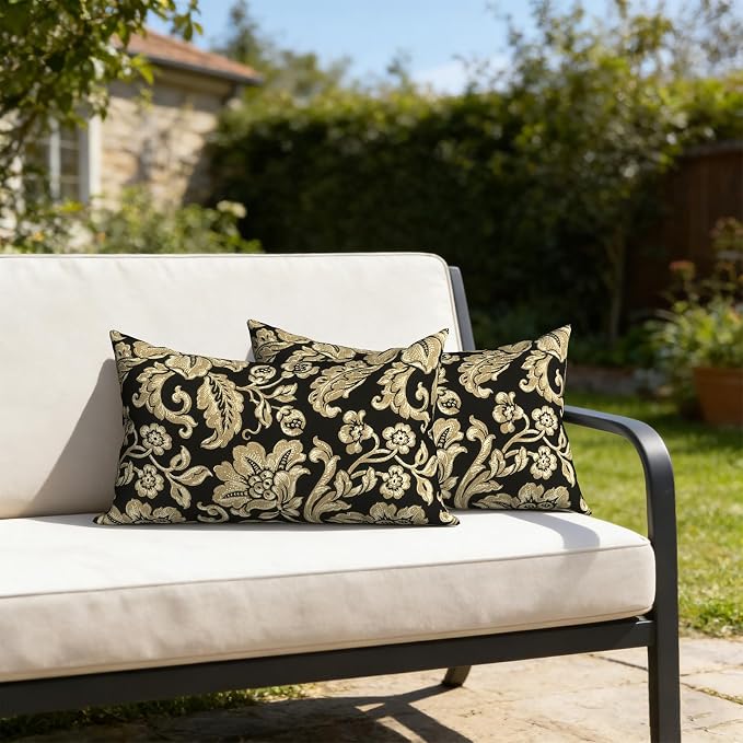 12x20 Inch Lumbae Pillow Covers, Rectangle Waterproof Throw Covers Set of 2, Decorative Patio Furniture Cushion Cases for Porch Garden, Jacobean Black