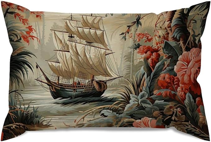 Rectangular Cushion Cover Moore Manor Antique Chinoiserie Pillow Case Rustic Vintage Boats and Flowers Pillow Cover Accent Outdoor Garden for Couch Sofa Bed Chair Indoor 12x18in