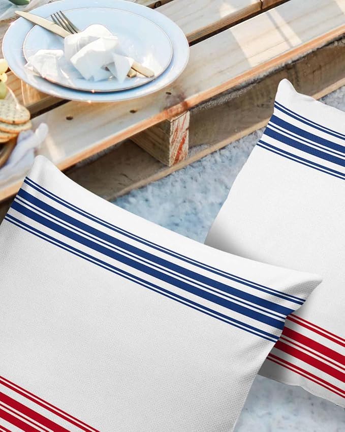 Prime Leader Outdoor Waterproof Pillow Covers Set of 2, Independence Day Flag Day Blue Red Stripe Patio Throw Pillow Covers, Decorative Cushion Case for Couch Sofa Furniture Garden, 18x18 Inch