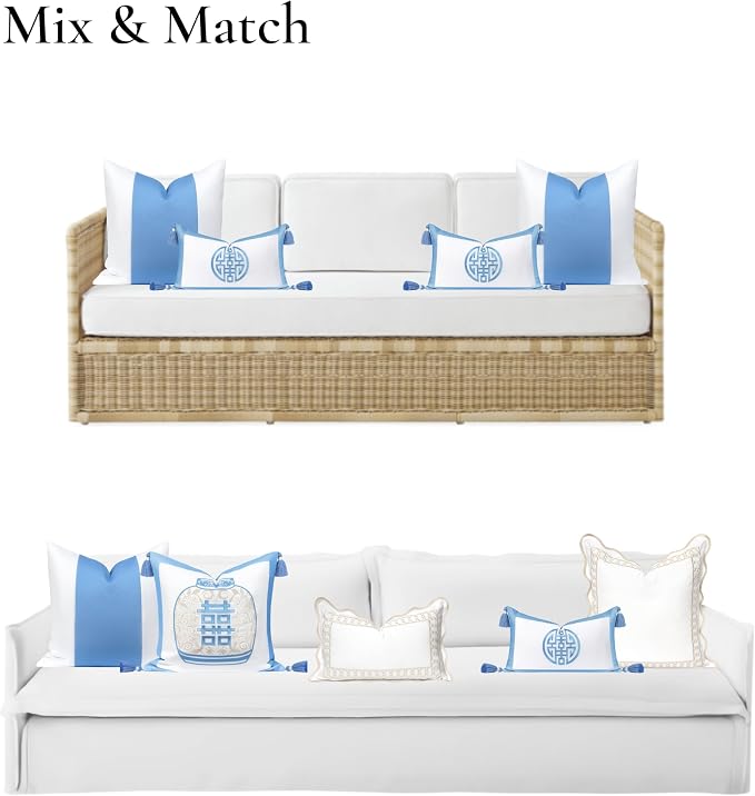 Hofdeco Premium Coastal Hampton Patio Indoor Outdoor Lumbar Pillow Cover Only, 12"x20" Water Repellent for Backyard, Couch, Poolside, Azure Blue Embroidered Double Happiness Symbol