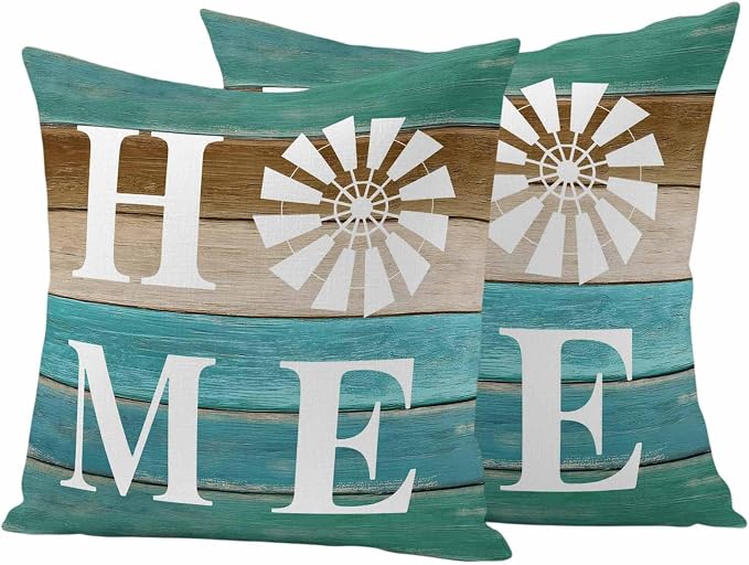 Outdoor Pillow Covers Set of 2, Home Windmill Farmhouse Wooden Decorative Throw Pillow Covers 18X18IN, Farm Teal Wood Board Throw Pillows Protector Cushion Case for Patio,Couch,Sofa,Garden
