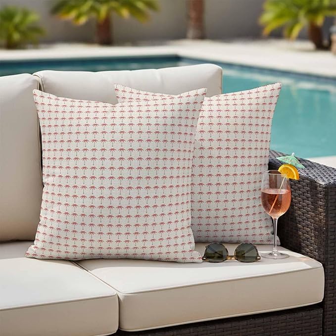 Palm Trees Outdoor Pillow Covers 26"x26" Set of 2, Summer Vintage Nautical Coastal Beach Ocean Red Tree Waterproof Throw Pillow Covers for Patio Furniture, Decorative Cushion Covers for Porch