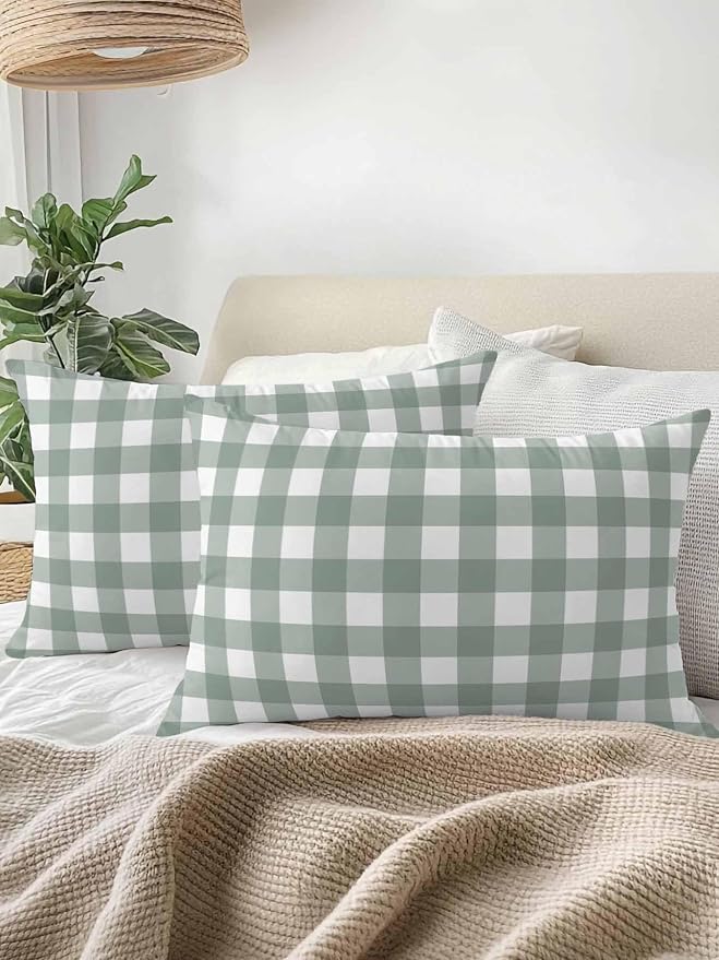 Waterproof Outdoor Pillow 1 Pack Sage Green Buffalo Plaid Decorative Throw Pillows Cover & Insert 20x12 Inch Lumbar Pillowcase Check Lines Pillows for Couch Sofa Bed Patio Furniture Indoor Outdoor