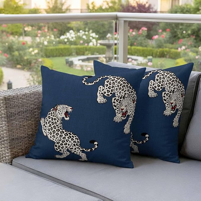 Navy Blue Leopard Outdoor Waterproof Pillow Covers Pack of 2, Modern Style Wild Animal Rustic Linen Texture Throw Pillowcases Decorative Cushion Covers for Garden Patio Tent Sofa Couch, 24x24 inch