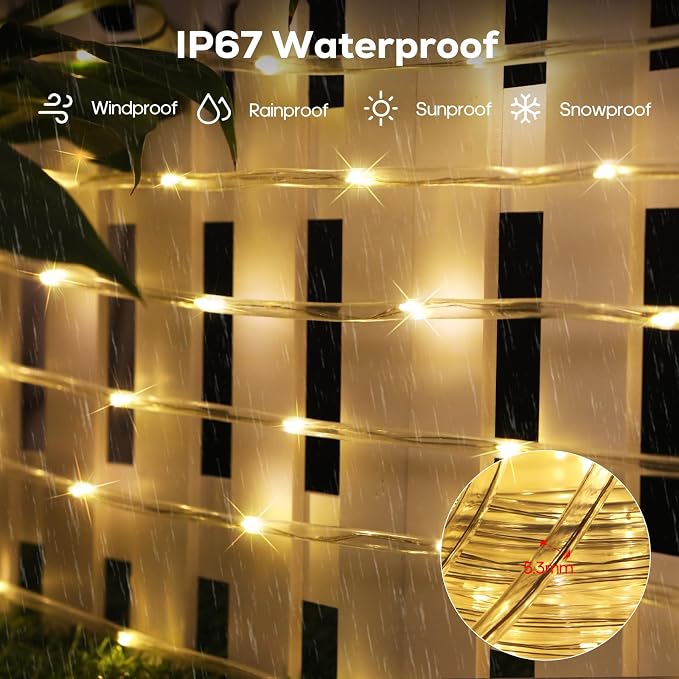 Solar Rope Lights, 66FT 200LED Outdoor Christmas Fairy Light (Warm White) | Type C & Solar, With Remote, Waterproof, Timing, 8 Modes, for for Garden Patio Porch Pool, Warm Christmas Decoration