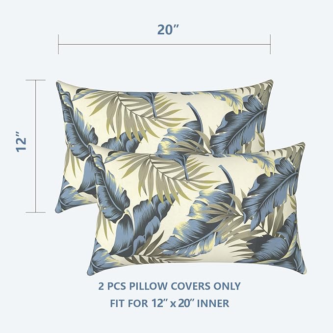 LVTXIII Set of 2 Patio Lumbar Pillow Covers ONLY, 12" x 20" Fade Resistant Outdoor Lumbar Pillow Cases, Fluffy Decorative Garden Lumbar Cushions Covers for Home Patio Coach Sofa Use, Lush Palm Blue