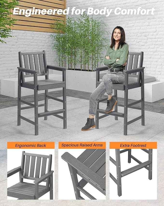 5-Piece HDPE Patio Bar Set, Rectangular Bar Height Table and 4 Adirondack Bar Chairs, Weatherproof Outdoor Bar Stools Set, Outdoor Bar Table and Chairs Set for Deck, Balcony, Pool, Smoke Gray