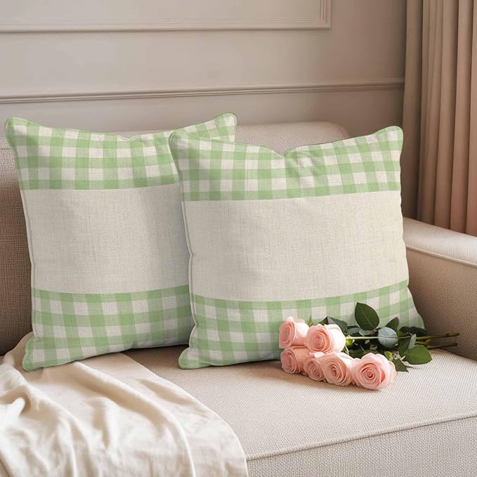 Retro Green Outdoor Waterproof Pillow Covers, Farmhouse Buffalo Plaid Vintage Beige Decorative Square Throw Pillowcase Sofa Cushion Sham for Patio/Couch/Chair, 16"x16" 2 Pack