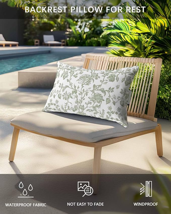 Pack of 2 Outdoor Lumbar Pillow Covers 12x20 Inch, Green Leaf Flower Waterproof Throw Pillow Covers Set, Vintage Farmhouse Bohemian Spring Indoor&Outdoor Decorative Cushion Cases for Patio Porch Beach