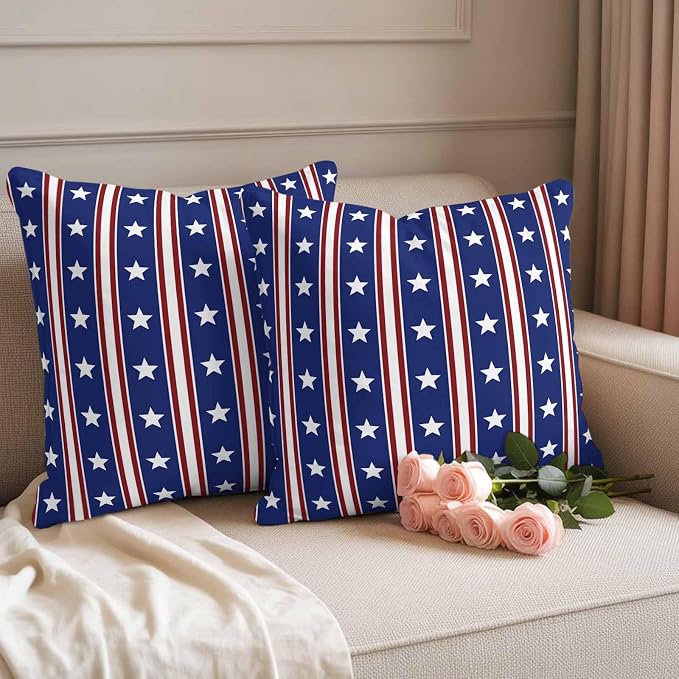 Blue Red Outdoor Pillow Covers 16"x16" Set of 2, Waterproof Throw Pillow Covers for Patio Furniture, Stripes Patirotic Star Independence Day Decorative Cushion Covers for Porch