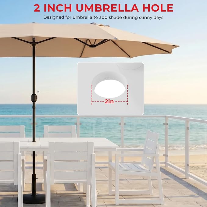 Costaelm Rectangle Patio Table, 8-Person Backyard Table 90" HDPE Dining Table with Umbrella Hole and Metal Frame for Outside, Garden, Poolside, Deck, Porch, Balcony, White