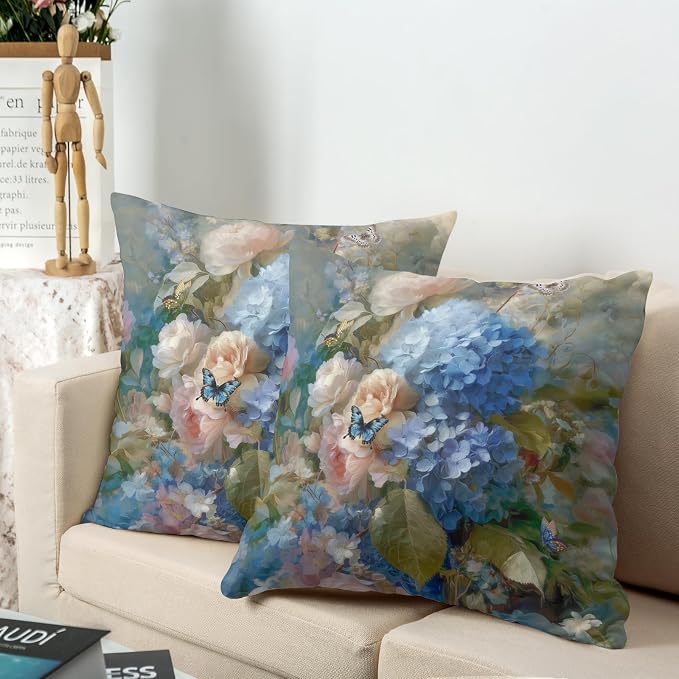 Vintage Rose Hydrangea Pillow Covers Oil Painting Floral Throw Pillow Covers Spring Summer Pillow Case 18x18 Blue Pink Flowers Cushion Case for Living Room Couch Sofa Set of 2
