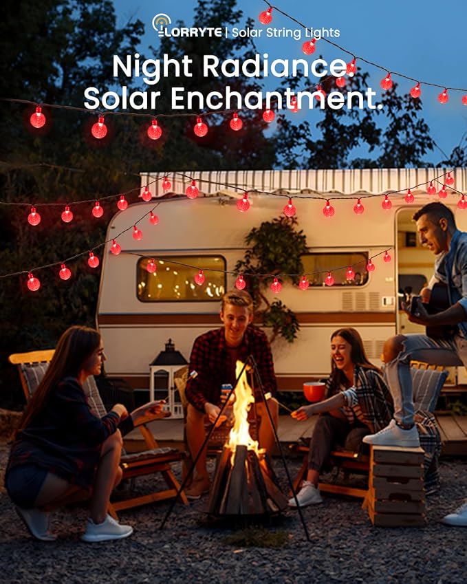 LORRYTE Solar String Lights Outdoor 2 Pack 72FT 120 LED Red Patio Lights | Crystal Globe, IP65 Waterproof, Auto On/Off, 8 Modes Solar Powered Light for Outside Halloween Party Garden Yard Decorations