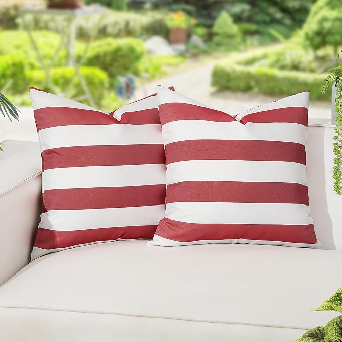 Lewondr 2 Pack Outdoor Throw Pillow Covers, 18"x18", Red + White | Square Stripe, Waterproof, For Outdoor Patio Porch Farmhouse Garden Balcony Couch, 45x45cm