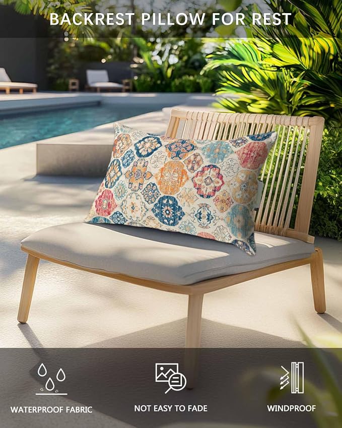 Pack of 2 Outdoor Lumbar Cushions with Inserts, Vintage Boho Ethnic Abstract Art Texture Waterproof Fluffy Fade Body Pillows, Patio Furniture Pillow for Home Balcony Garden Decor 12x20IN