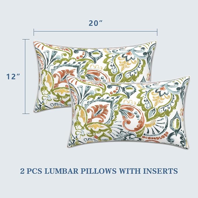 LVTXIII 2 Pack Outdoor Lumbar Pillows 12x20 Inch with White Piping, Fade Resistant Support Throw Pillows with Inserts for Patio Furniture, Sofa, Chair, Paisley Botanical