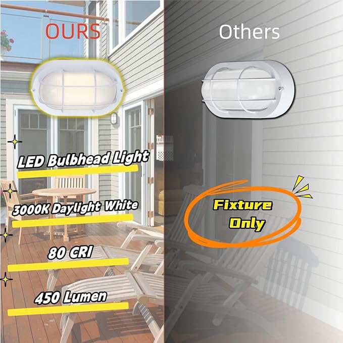 WISBEAM LED Bulkhead Light, Outdoor LED Wall Light for House, Dimmable, 6W Replace 60W, 450 Lumen 3000K Daylight White 80CRI, Waterproof, ETL Rated