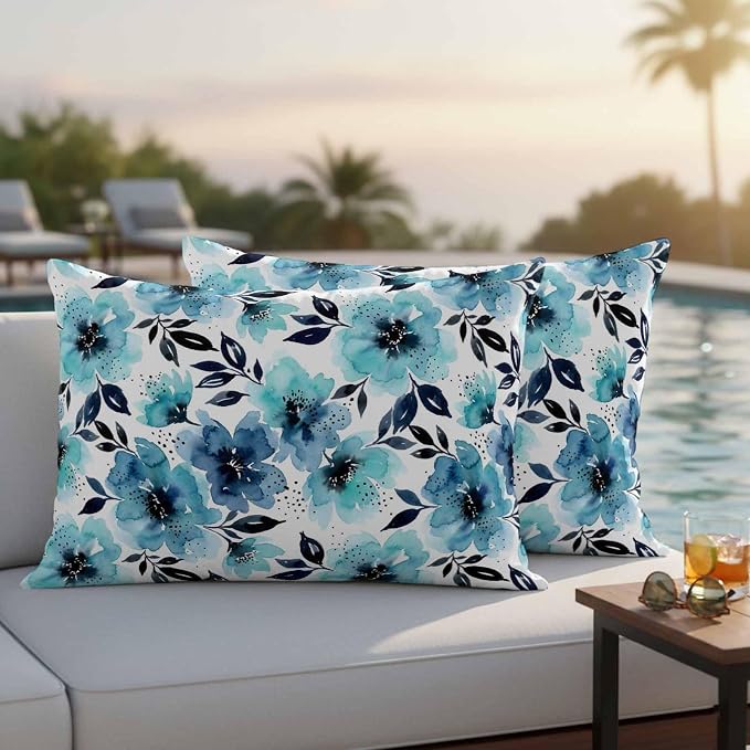 Botanical Floral Leaves Outdoor Pillow Covers 20"x12" Set of 2, Watercolor Painting Blue Gradient Blooms Waterproof Throw Pillow Covers for Patio Furniture, Decorative Cushion Covers for Porch
