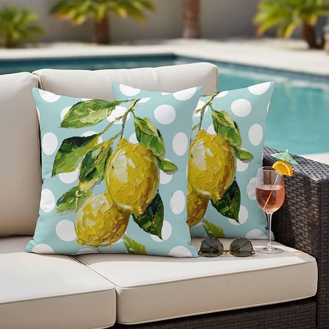 Waterproof Pillow Covers Set of 2,Summer Lemon Leaf Country Fruit Outdoor Pillow Protectors with Zipper Pillowcases for Patio Tent Garden Beach 18x18 Inches Polka Dot Light Blue