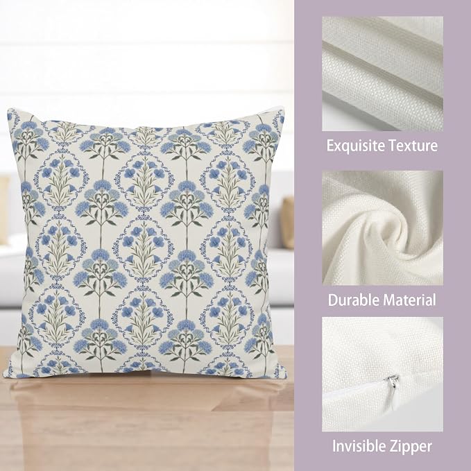 Vintage Floral Pillow Covers Blue Green Boho Flower Block Print Throw Pillow Cover 18x18 Spring Summer Hydrangea Pillow Cases Wildflower Farmhouse Cushion Case for Home 2 Pack