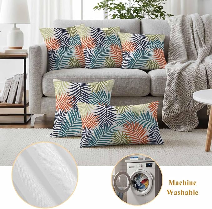 Outdoor Waterproof Throw Pillow Covers, Orange Green Blue Palm Leaves Decorative Pillow Cases, Summer Botanical Tropical Leaf Couch Pillow Protector Patio Sofa Cushion Covers 18"x18" 2 Pack