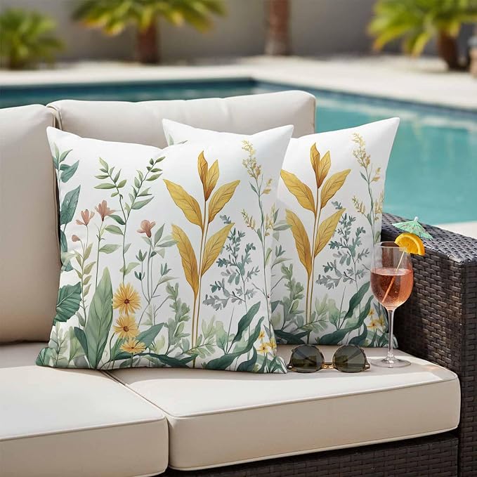 Outdoor Pillow Covers 26x26 Set of 2, Yellow Green Botanical Waterproof Patio Throw Pillow Covers for Couch Sofa Chair, Rustic Watercolor Leaves Decorative Pillowcases for Throw Pillows