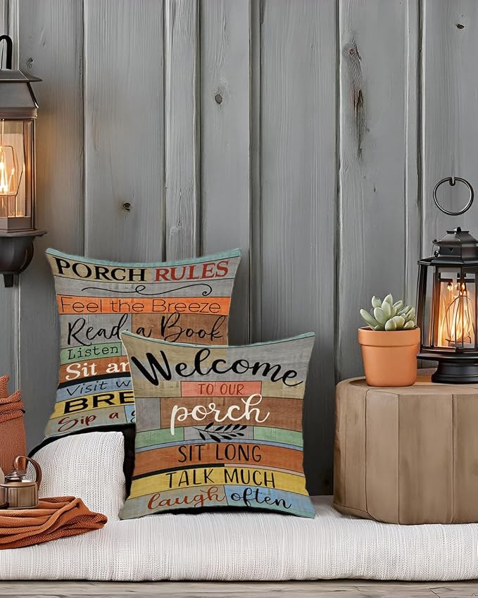 Decorative Outdoor Pillow Covers Porch Rules Sign Farmhouse Throw Pillow Covers, Square Linen Patio Cushion Cases for Couch Bench Seat Chair Car 18x18 Inch
