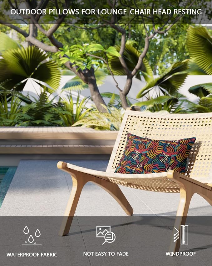 Outdoor Pillows Covers with Inserts Red Blue Abstract Stripes Lines Texture Waterproof Recliner Pillow with Adjustable Strap Throw Pillows for Patio Furniture Pool Lounge Chair, 11x16 inch, 2PCS