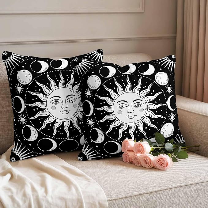 Celestial Sun and Moon Waterproof Outdoor Pillow Covers Set of 2 Home Decor, Black Starry Galaxy Boho Pillowcase Patio Pillow Covers for Couch Bench Patio Furniture Garden 26x26in