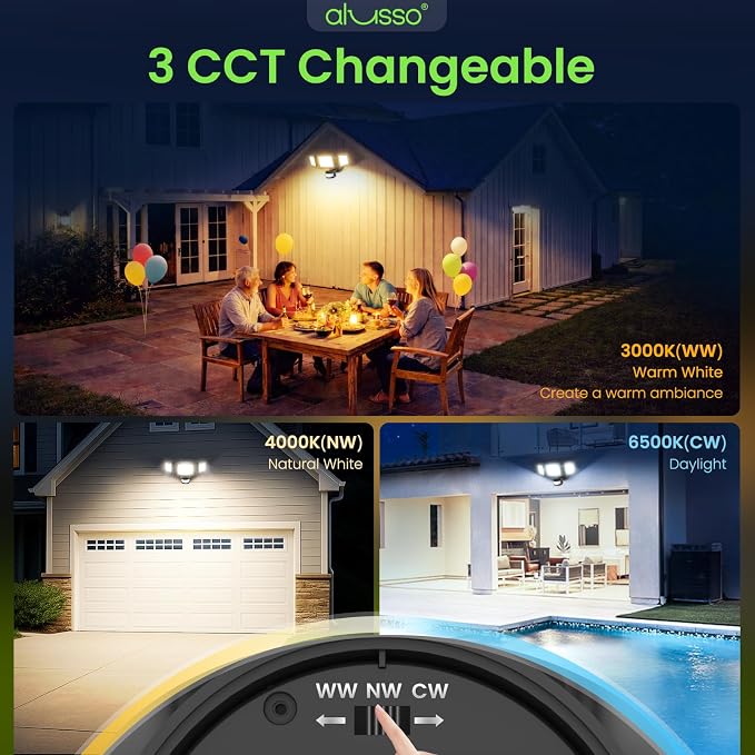 ALUSSO Motion Sensor Outdoor Lights Hardwired(Not Solar),40W 4500LM Flood Lights Outdoor 120V, 3CCT 3000K/4000K/6500K, 3 Modes(Dusk to Dawn/Auto/On Time) Security Light for Garage Yard Porch,Black,ETL