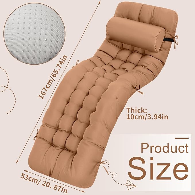 Tudomro Outdoor Chaise Lounge Cushion 66x21x4'' Waterproof & Fade-Resistant Patio Pool Chaise Lounge Cushion Headrest Pillow Tie Replacement Rocking High Back Chair(Camel,1 Pcs)