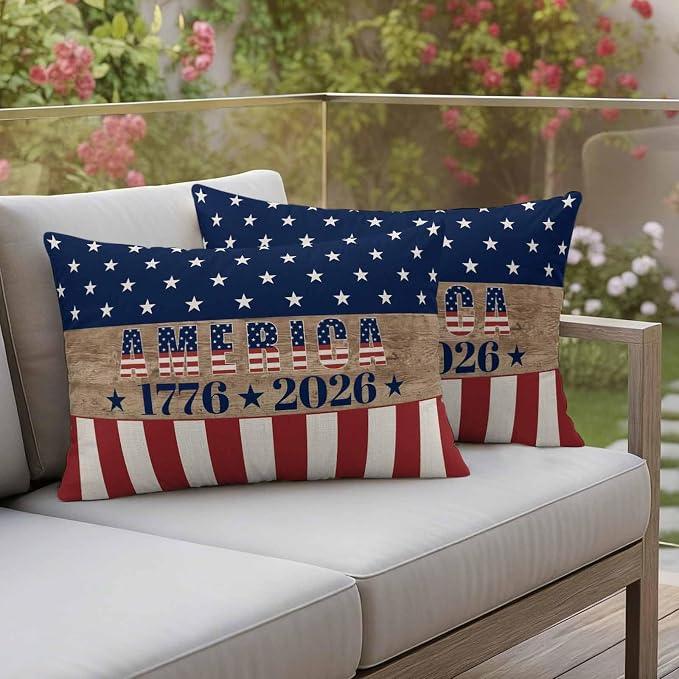 250th Anniversary Outdoor Pillow Covers 20"x12" Set of 2, Waterproof Throw Pillow Covers for Patio Furniture, USA Flag Red Striped Blue Star Retro Decorative Cushion Covers for Porch