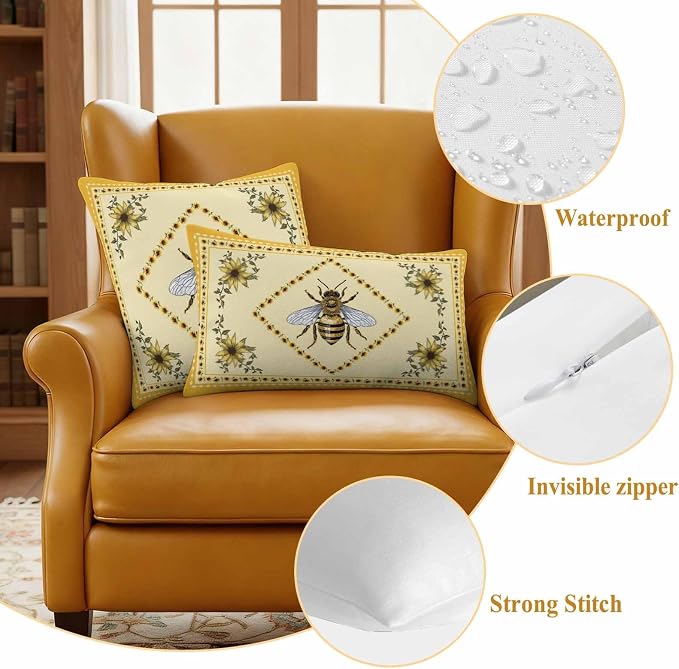 Sunflowers and Bee Outdoor Pillow Covers Set of 2, Farmhouse Retro Floral Decorative Waterproof Throw Pillow Case, Animal Honeybee Cushion Pillowcases for Couch Garden Patio 20x12In