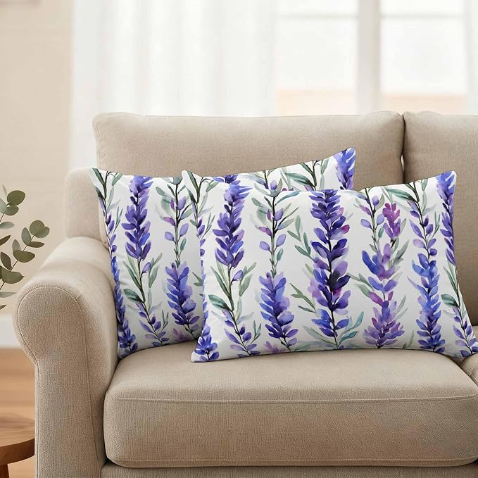 Outdoor Waterproof Pillow Covers 20x12Inch Spring Purple Lavender Throw Pillowcases for Patio Garden Couch Sofa Watercolor Floral Art Decorative Cushin Case,Pack of 2