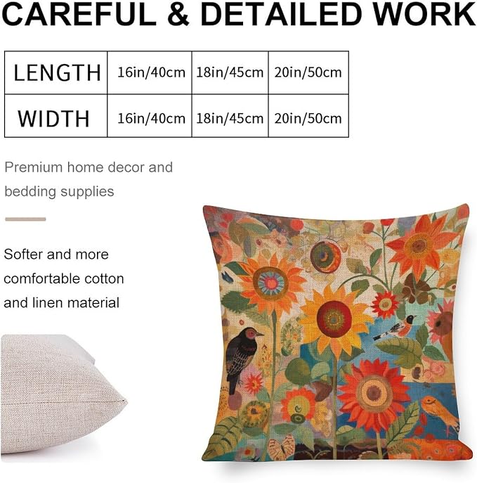 Cushion Covers Colorful Painting of Sunflowers Bird Linen Cushion Case Vintage Sunflower Bed Pillows Decorative 18"x18" Decorative Outdoor Linen Fabric Pillow Case for Couch Bed Car