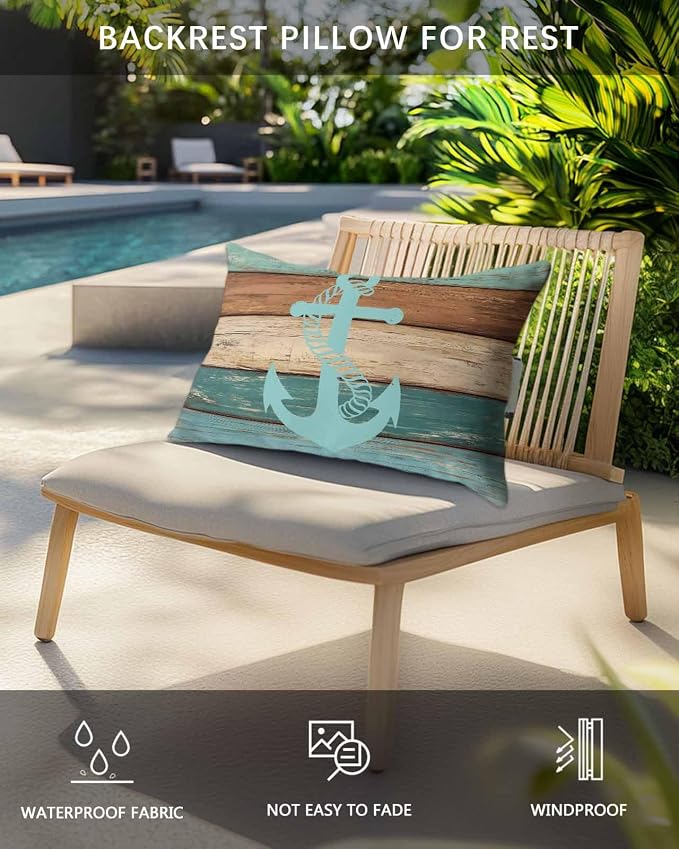 Pack of 2 Outdoor Lumbar Cushions with Inserts, Retro Gradient Anchor Farm Wood Grain Waterproof Fluffy Fade Body Pillows, Patio Furniture Pillow for Home Balcony Garden Decor 12x20IN