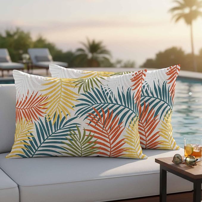 Yellow Green Palm Leaves Outdoor Pillow Covers 20"x12" Set of 2, Summer Botanical Vintage Tropical Leaf Rustic Waterproof Throw Pillow Covers for Patio Furniture, Decorative Cushion Covers for Porch