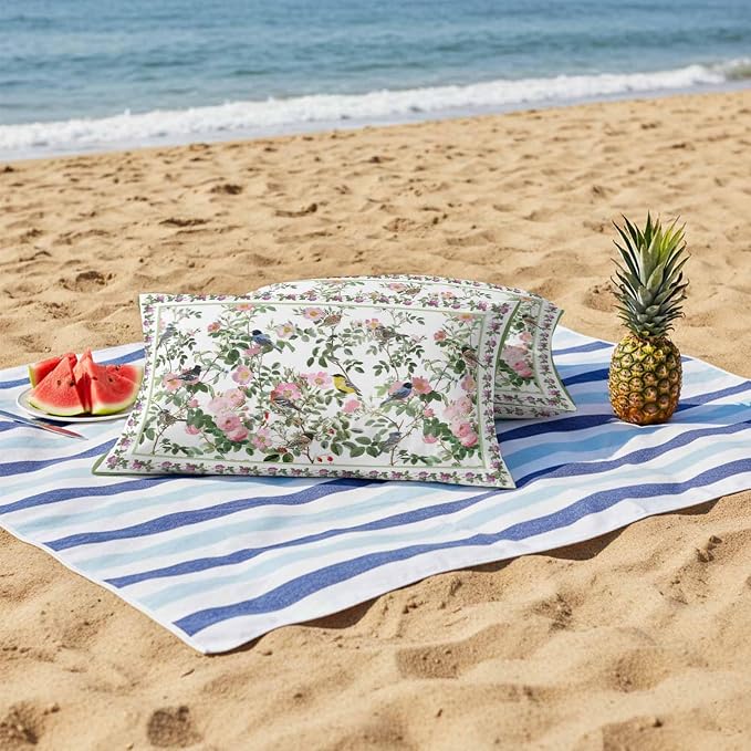 Vandarllin Outdoor Throw Pillows Covers 20x12 inch Set of 2 Waterproof Pink Floral Bird Decorative Zippered Cushion Covers for Patio Furniture, Green Leaves Branches Lumbar Pillowcases