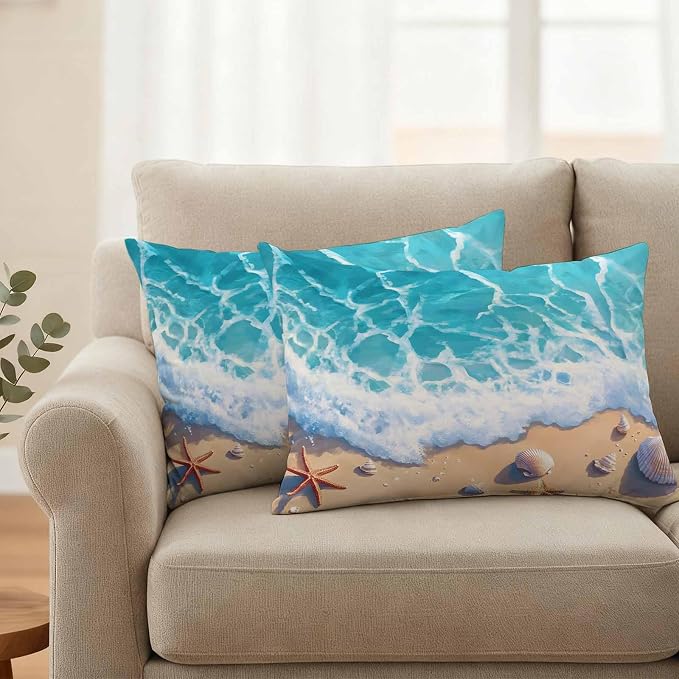 Ocean Beach Waterproof Outdoor Pillow Covers Set of 2 Home Decor, Coastal Nautical Starfish Shells Sea Waves Pillowcase Patio Pillow Covers for Couch Bench Furniture Garden 20x12in
