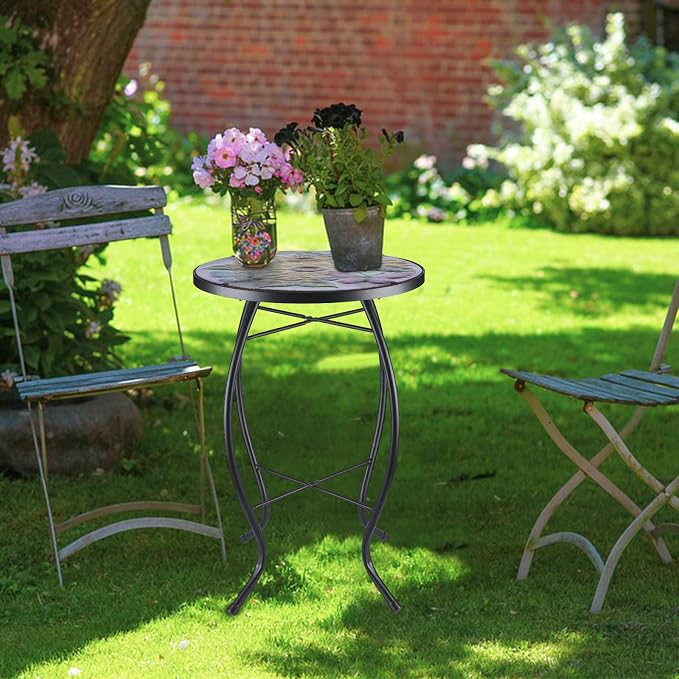 MUMTOP Outdoor Side Table - Patio Table Mosaic Coffee SideTables Glass Accent Table 14’’Round SmallTable Plant Stand for Indoor Garden Balcony (Sunflower)