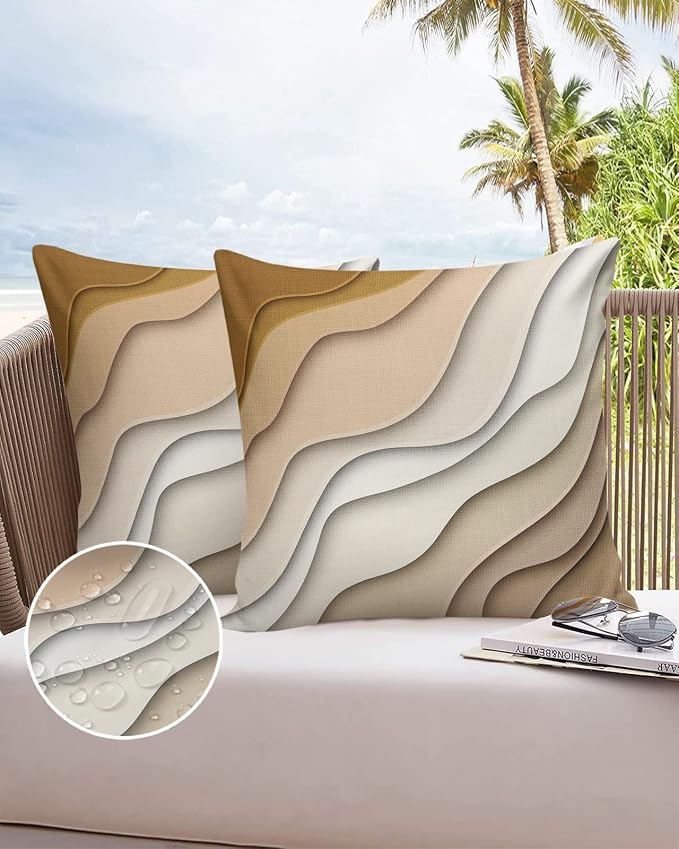 Funy Decor Waterproof Outdoor Throw Pillow Cover Brown Modern Geometric Lumbar Pillowcases Set of 2 Abstract Beach Decorative Patio Furniture Pillows for Couch Garden 26 x 26 Inches