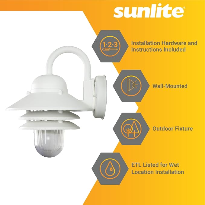 Sunlite 41367-SU Nautical Style Outdoor Wall Fixture, Medium Base Socket (E26), Weatherproof Polycarbonate, Prismatic Acrylic Lens, UL Listed, White