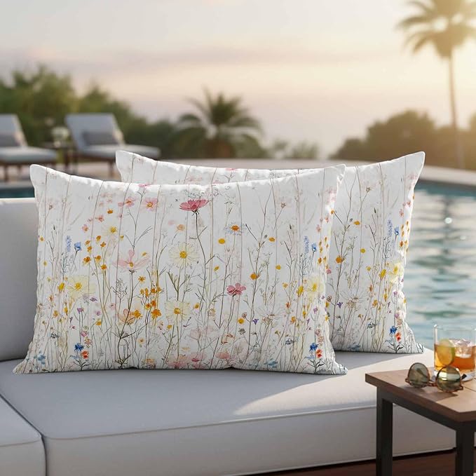 Vintage Flowers Waterproof Outdoor Pillow Covers 20''x12'' Set of 2, Botanical Patio Furniture Spring Cushion Covers for Chairs, Decorative Watercolor Wildflowers Pillow Cases for Garden/Pool/Beach