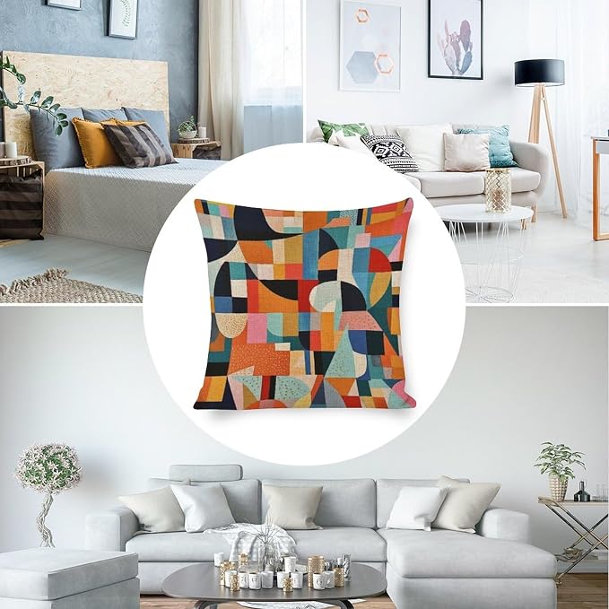 Pillowcase Colorful Fun Aesthetic Mid Century Modern Gomestry Decorative Pillow Cover Summer Orange Rust Colorful Multicolor Cooling Pillowcase 20"x20" Cushion Case for Sofa Couch