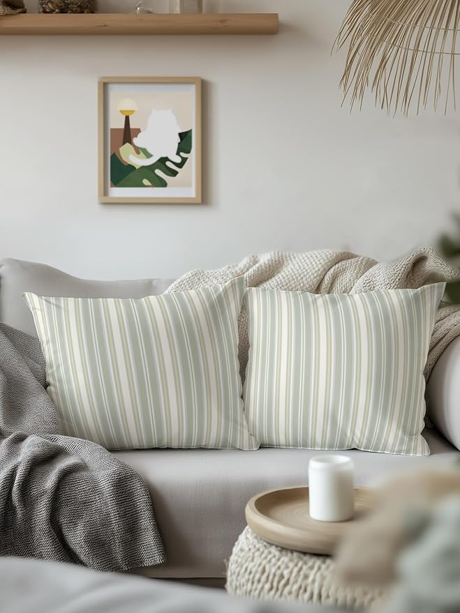 Waterproof Outdoor Pillow 1 Pack Sage Green Stripes Decorative Throw Pillows Cover & Insert 16x16 Inch Pillowcase White Lines Lines Square Pillows for Couch Sofa Bed Patio Furniture Indoor Outdoor