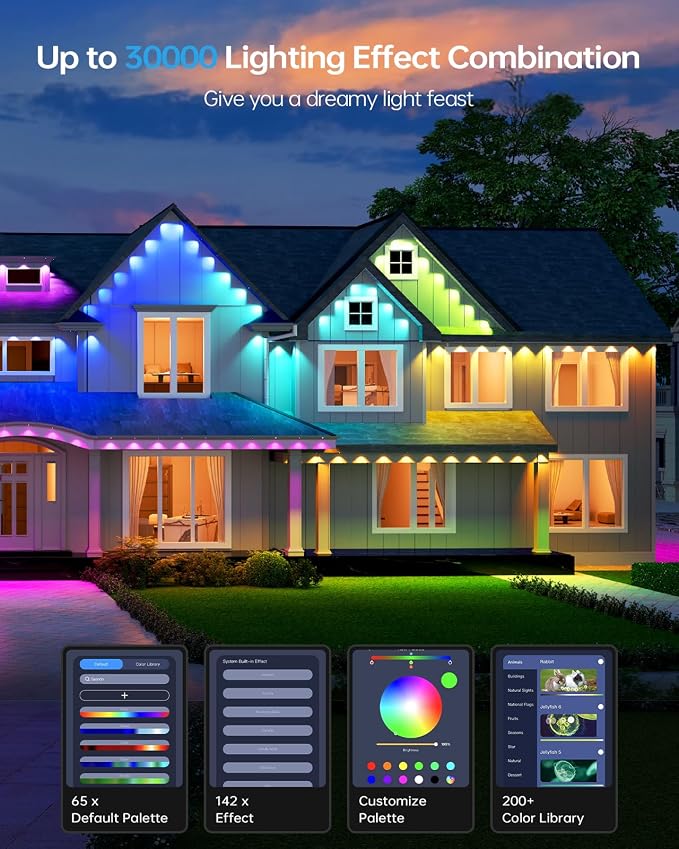 ASAHOM Permanent Outdoor Lights Pro, 72 RGBCW LEDs, WLED Integrated, AI | Up to 70lm, 30,000 Effects, Dual Output, Extend to 800FT, Cuttable, for Outdoor Decor and Daily Lighting, 100FT, Black, S108B