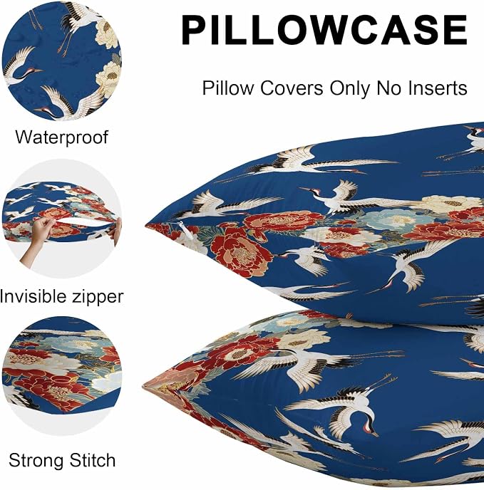 Japanese Style Outdoor Pillow Covers 16x16 Inch Throw Pillow Covers Set of 2 Waterproof Decorative Pillow Cases Blue Rustic Botanical Blossom Peony Birds Cushion Covers for Patio Furniture Garden