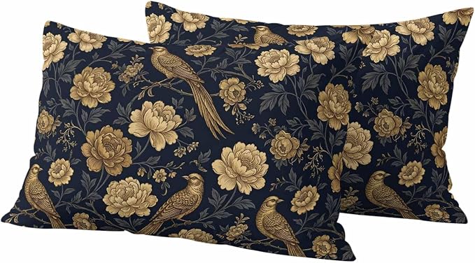 Vintage Gold Navy Blue Floral Outdoor Pillow Covers 20"x12" Set of 2, Bird Peony Flower Traditional Waterproof Throw Pillow Covers for Patio Furniture, Decorative Cushion Covers for Porch