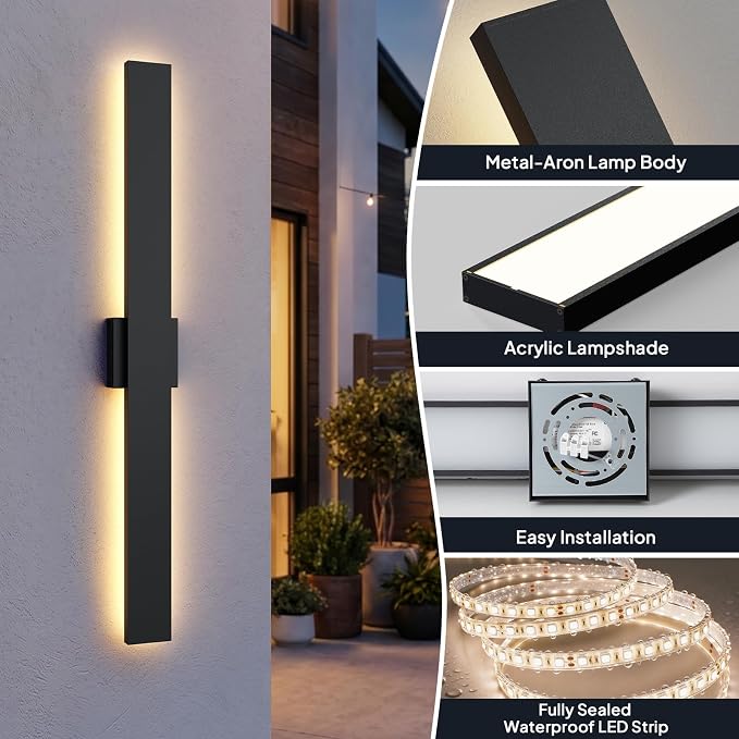 2 Pack LED Outdoor Wall Lights Dimmable, 3000K/4500K/6000K, 39.3" Modern Black Outdoor Wall Sconce, Linear IP65 Waterproof Exterior Wall Light Fixture for Entrance, Hallway, Garage, Porch