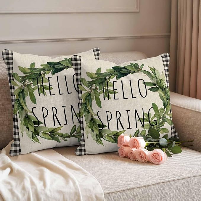 Hello Spring Outdoor Pillow Covers Pack of 2 Green Leaf Plant Black Plaid Vintage Linen Texture Waterproof Throw Pillow Covers Decorative Cushion Cases for Patio Garden Tent Balcony Couch 18x18 inch